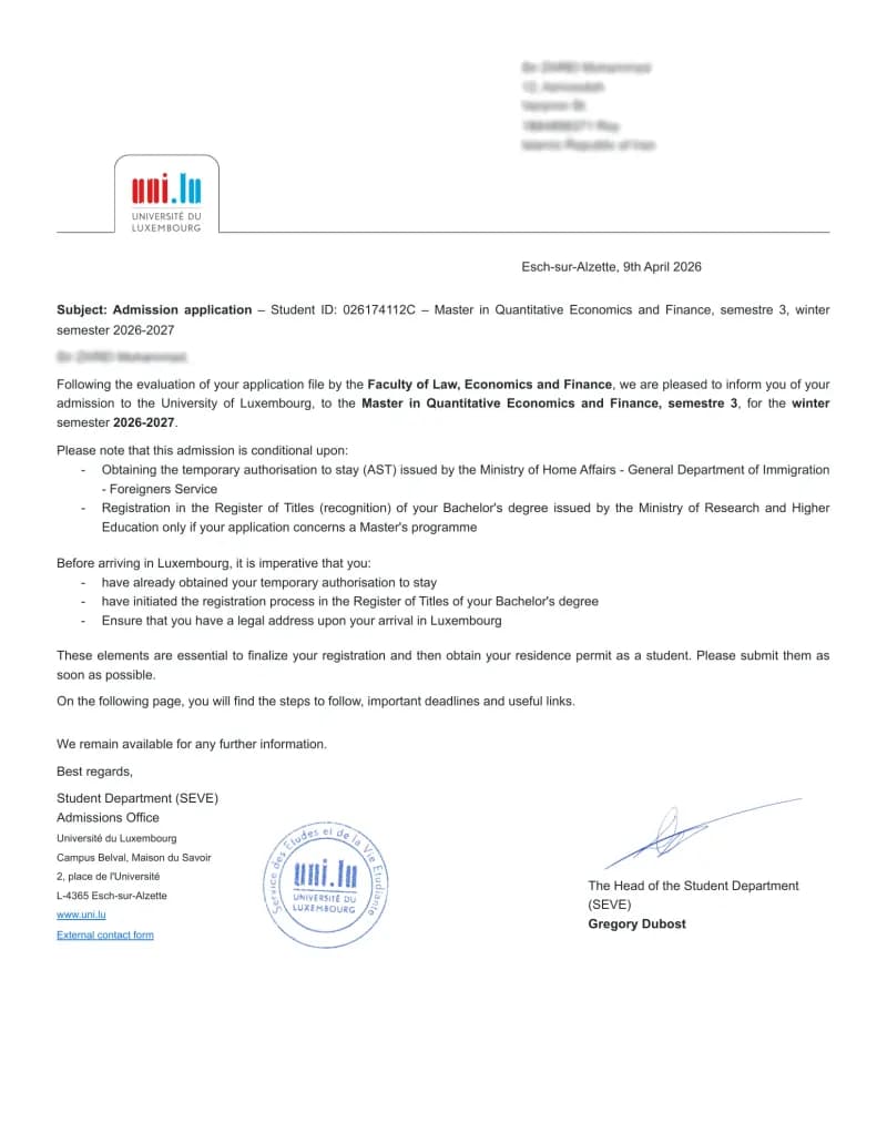 Admission letter from University of Luxembourg, Luxembourg