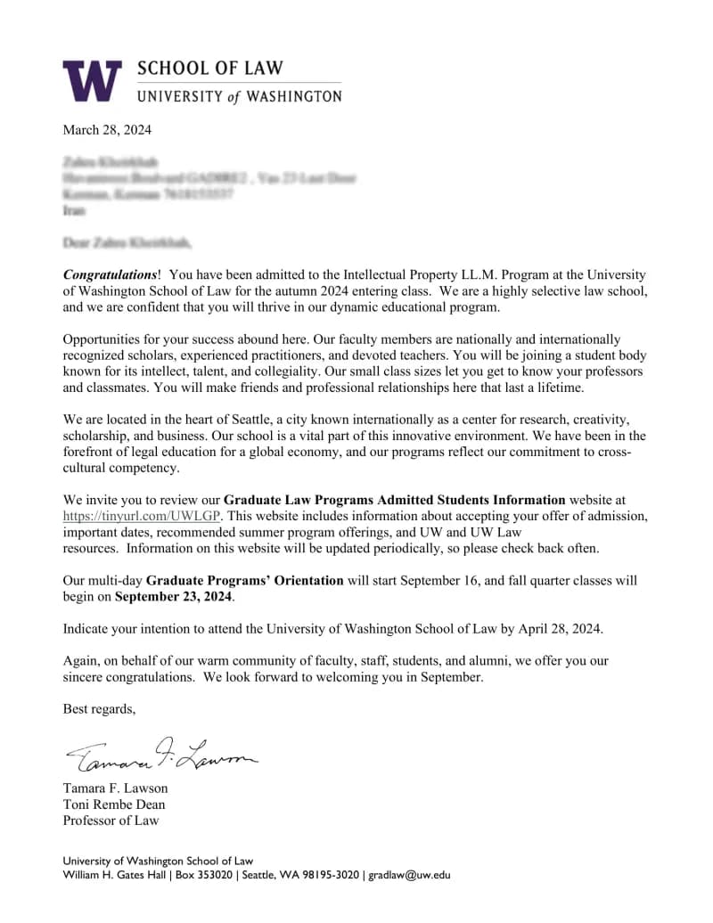 Admission letter from Bayes Business School, City, University of London, UK